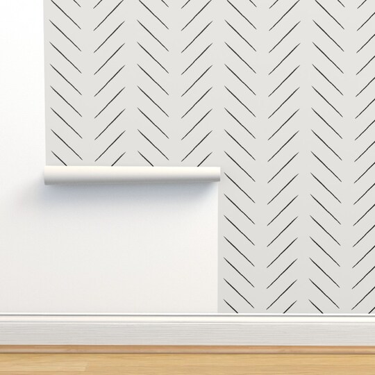 Tribal Chevron Black Bone Medium White Herringbone Monochrome Mudcloth Custom Removable Wallpaper by Spoonflower Peel & Stick Wallpaper 2FT Wide